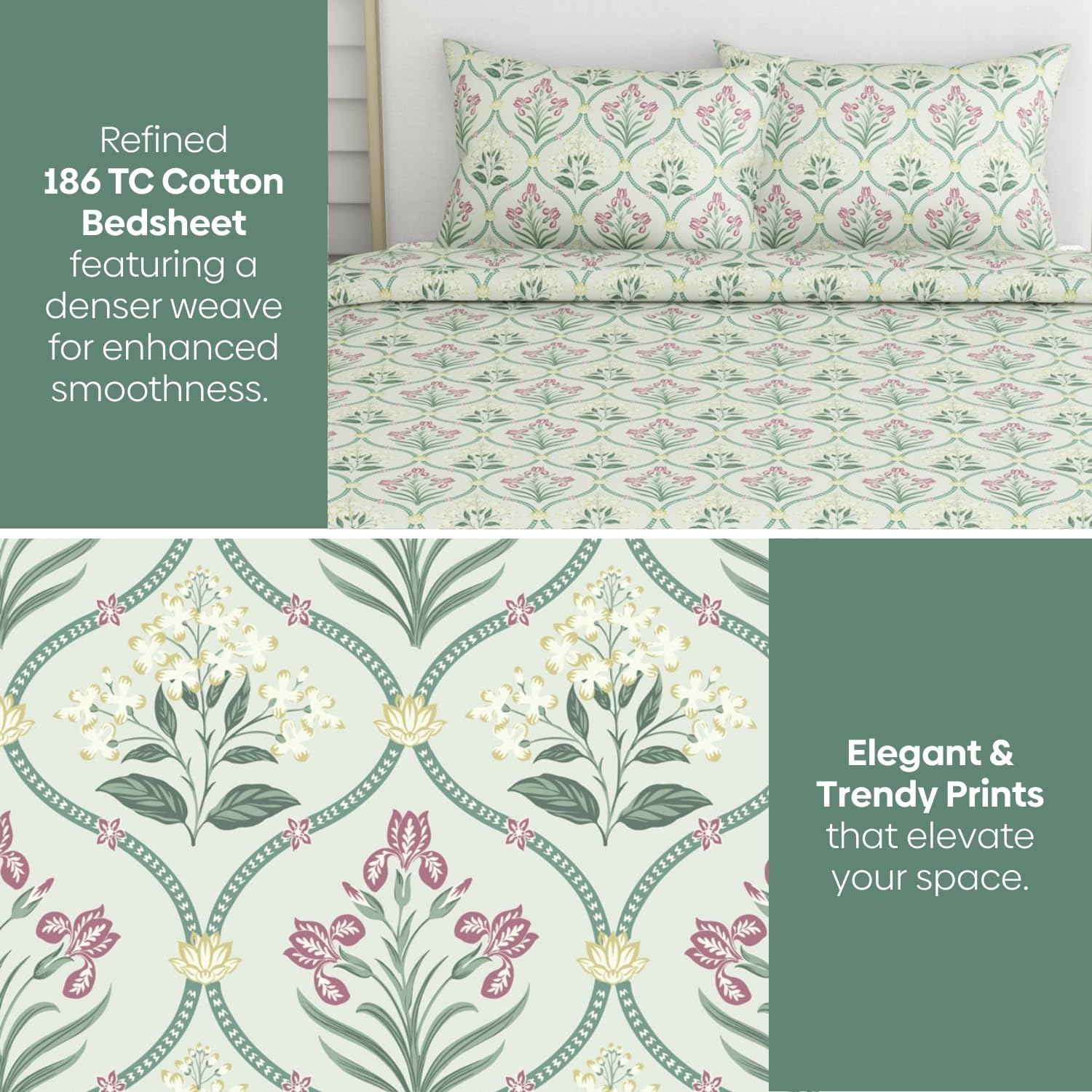 haus & kinder Pure Cotton Queen Size Floral Bedsheet with 2 Pillow Cases, 186 TC Bedsheet for Double Bed, 90X100 Inches Bed Sheet-Green Blossom 2