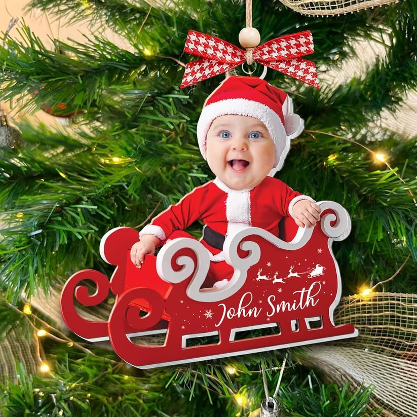 Personalized Baby in Sleigh Christmas Ornament – Custom Newborn Baby Face Photo Ornament, Cute Holiday Keepsake, Unique Christmas Tree Decoration, Adorable Personalized Gift - Image 1 of 5