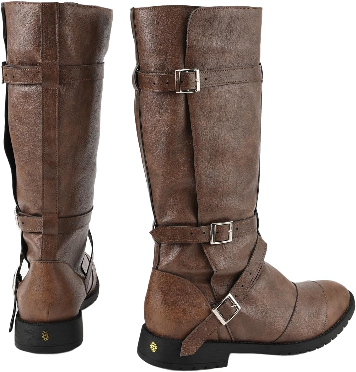 Mens Medieval PU Leather Boots Renaissance Viking Buckle Long Boot for Halloween Party