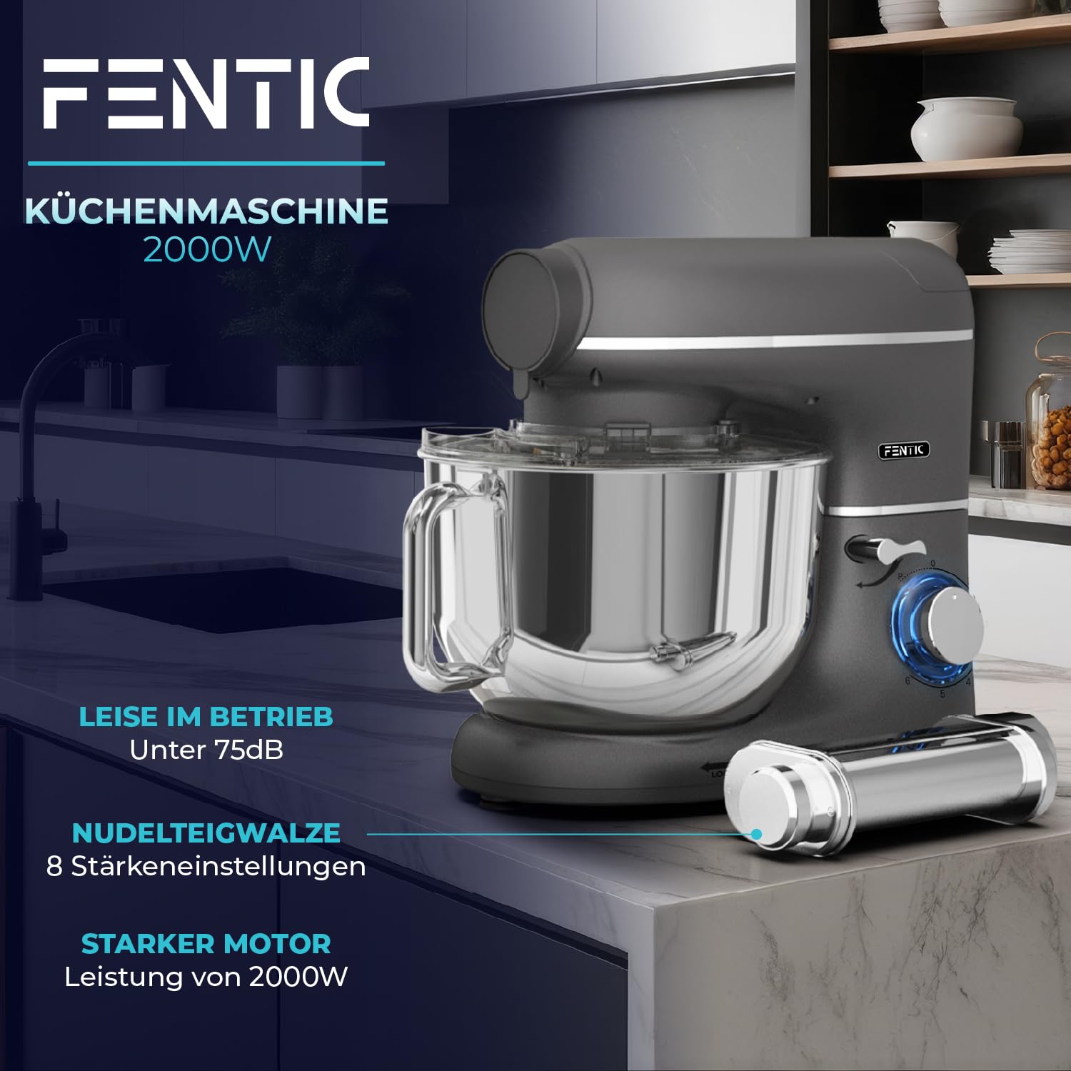 Kuchenmaschine mit Nudelmaschine – 2000W – Knetmaschine mit Nudelmaschine Elektrische – Pasta Maker - 6,2L Edelstahl Rührschüssel (Grau)