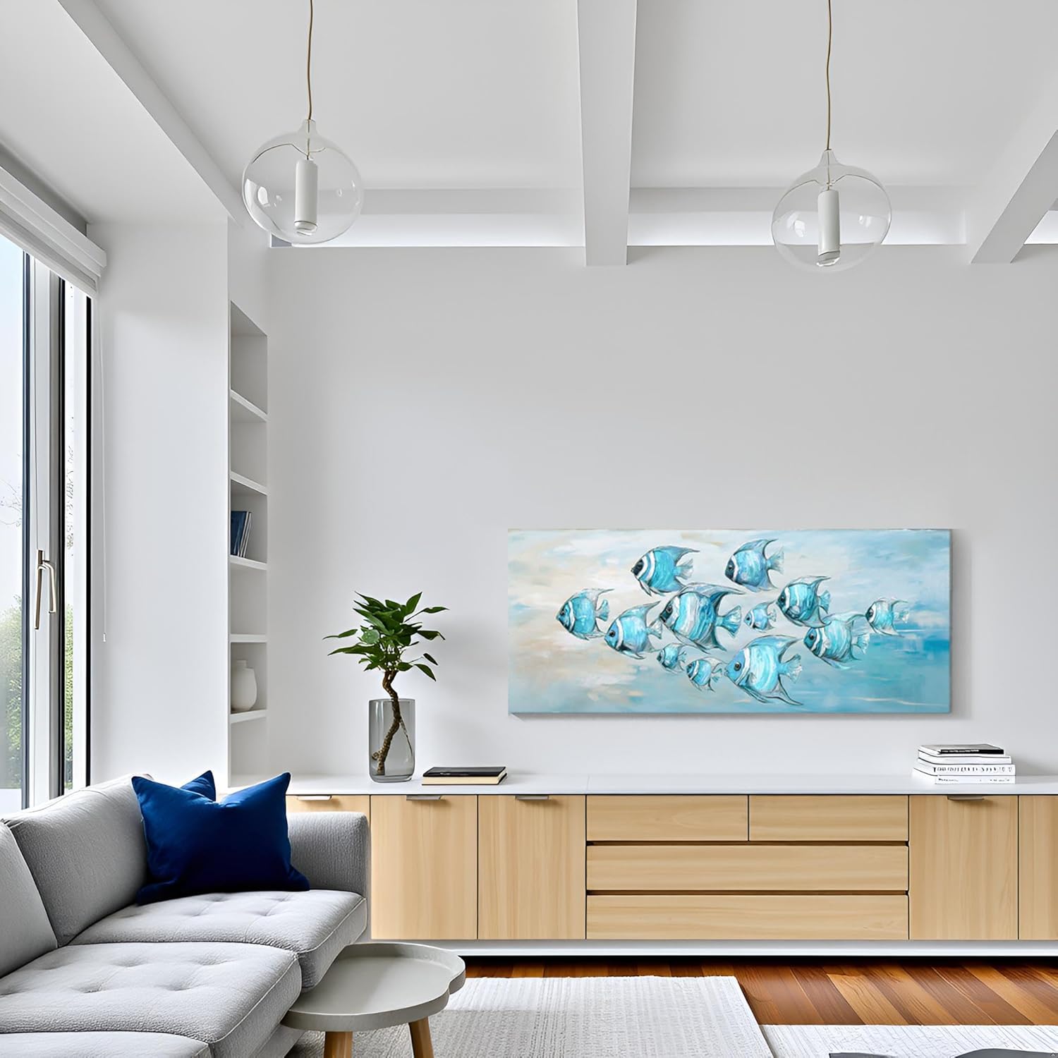 LevvArts Tropical Fish Canvas Wall Art Modern Blue Ocean Theme Artwork Large Decorative Fish Painting 20"x48"