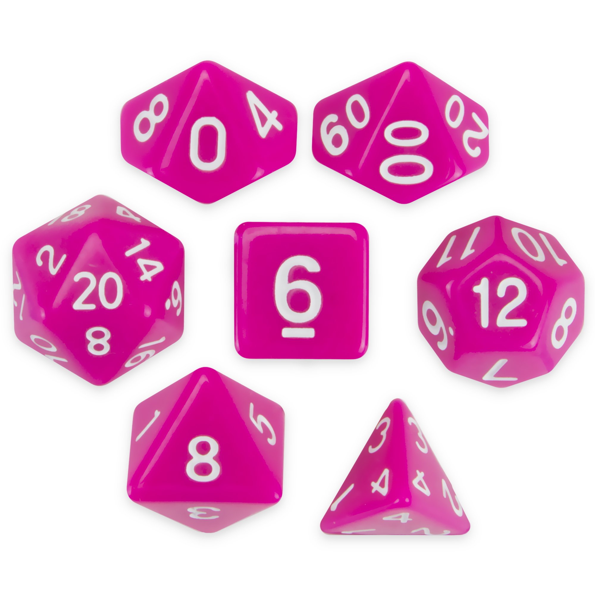 Wiz DiceDragonberry Set of 7 Polyhedral Dice, Solid Neon Magenta Pink Tabletop RPG Dice with Clear Display Box