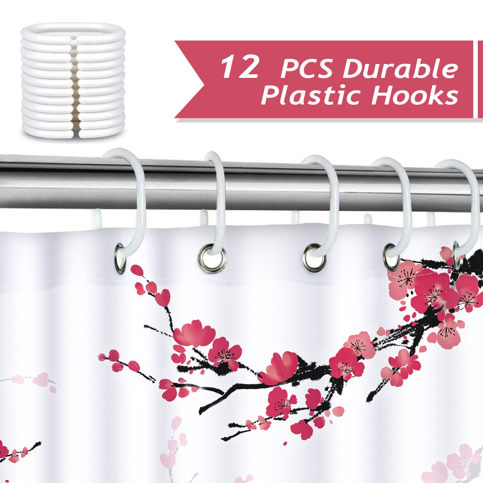 Tenda Doccia Bonhause Con Fiori Di Ciliegio Rosa - 180x180cm, Impermeabile E Antimuffa, Con 12 Ganci, Lavabile - Foto 7