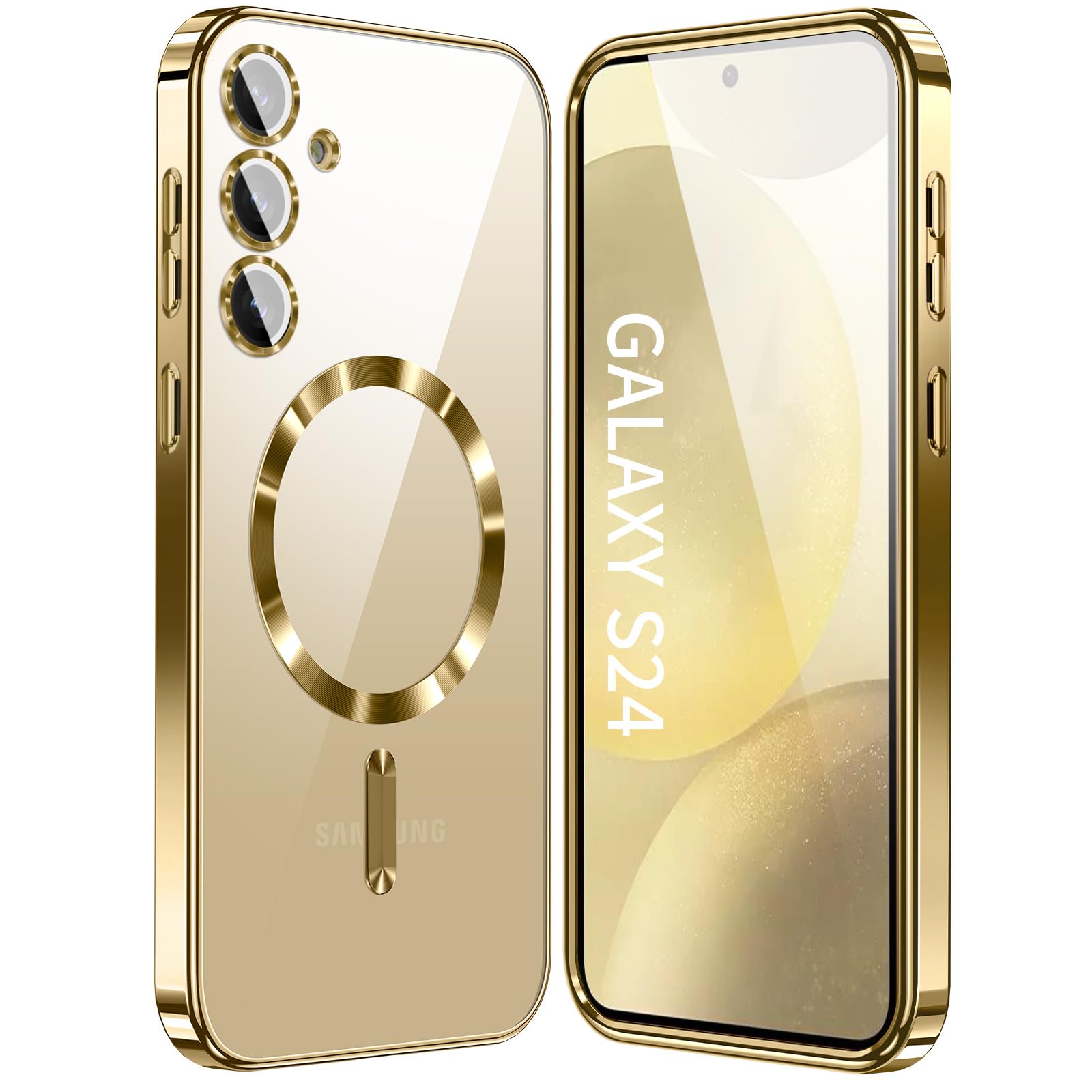 for Samsung Galaxy S24 Case.Magnetic Cover for S25 Clear Back Surrounding Plating. Glossy Metallic Thin Soft funda capa para for Galaxy S24 6.2 inch.Compatible with MagSafe (Gold)
