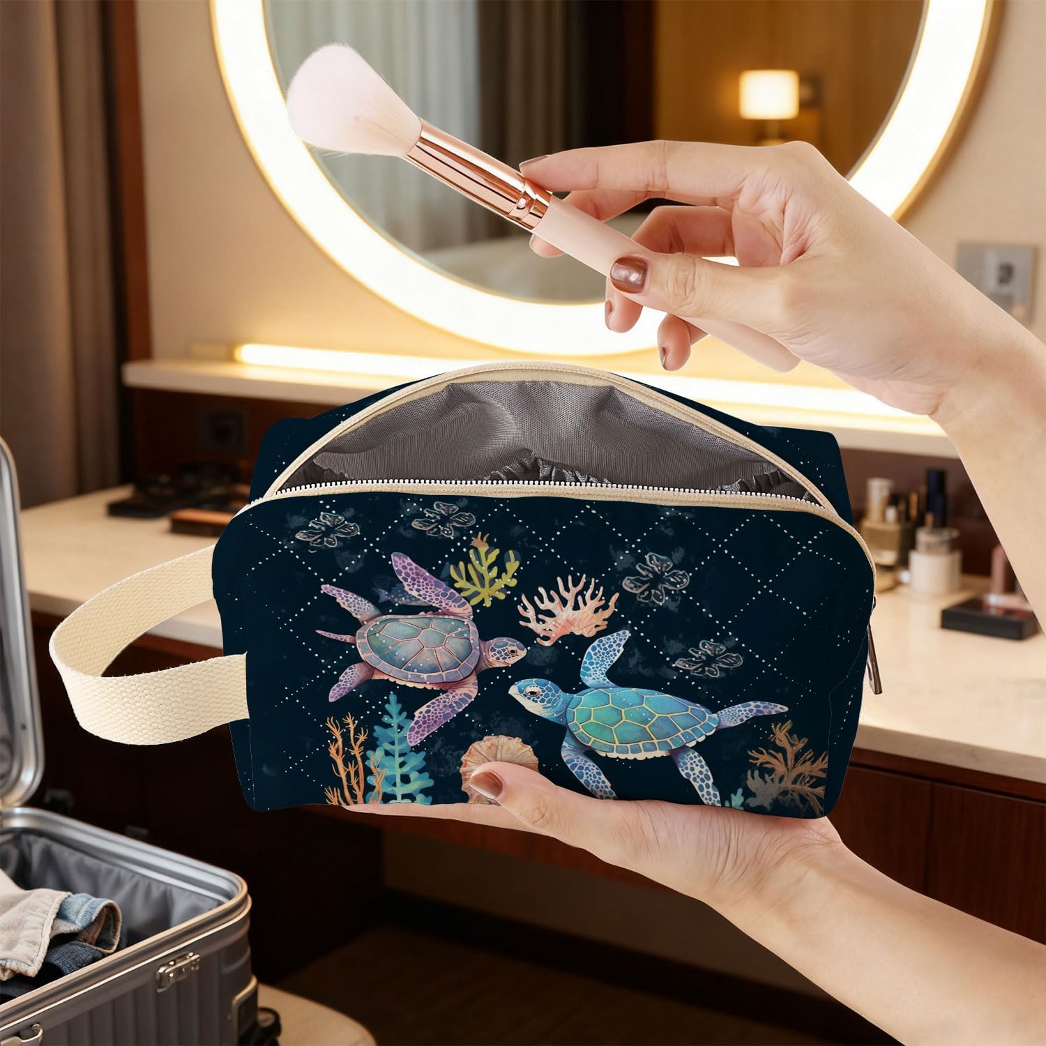 Sea Turtle Printed Quilted Makeup Pouch for Women - Velvety Polyester Cosmetic Organizer w/Triple Compartments, Travel & Makeup Brush Holder - Image 3
