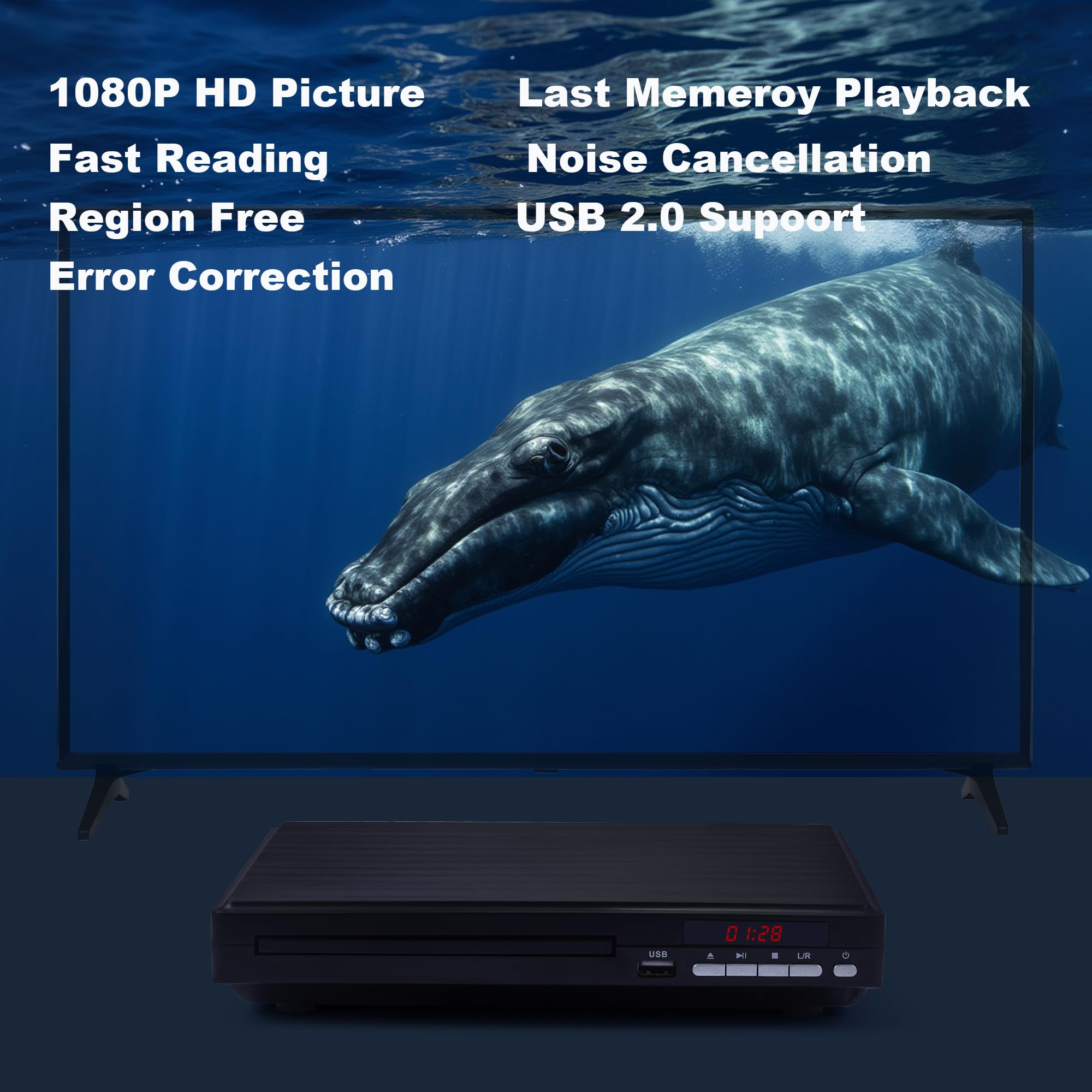 Reproductor de DVD para TV, reproductor de DVD HD 1080P para el hogar, reproductor de CD compacto sin regiones, con puerto USB 2.0, control remoto HDMI y cable AVI, sistema PAL/NTSC integrado (no para