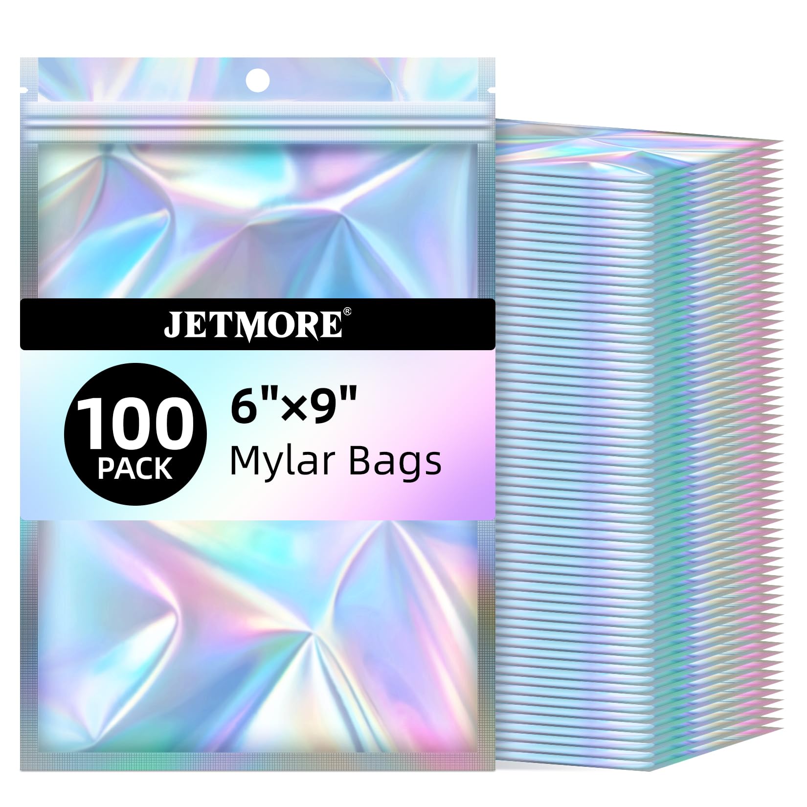 JETMORE Mylar Bags, 100 PCS Resealable Bags-6x9in, Holographic Bags for Party Favors, Little Bag for Jewelry, Sealable Bag for Papers, Souvenirs,
