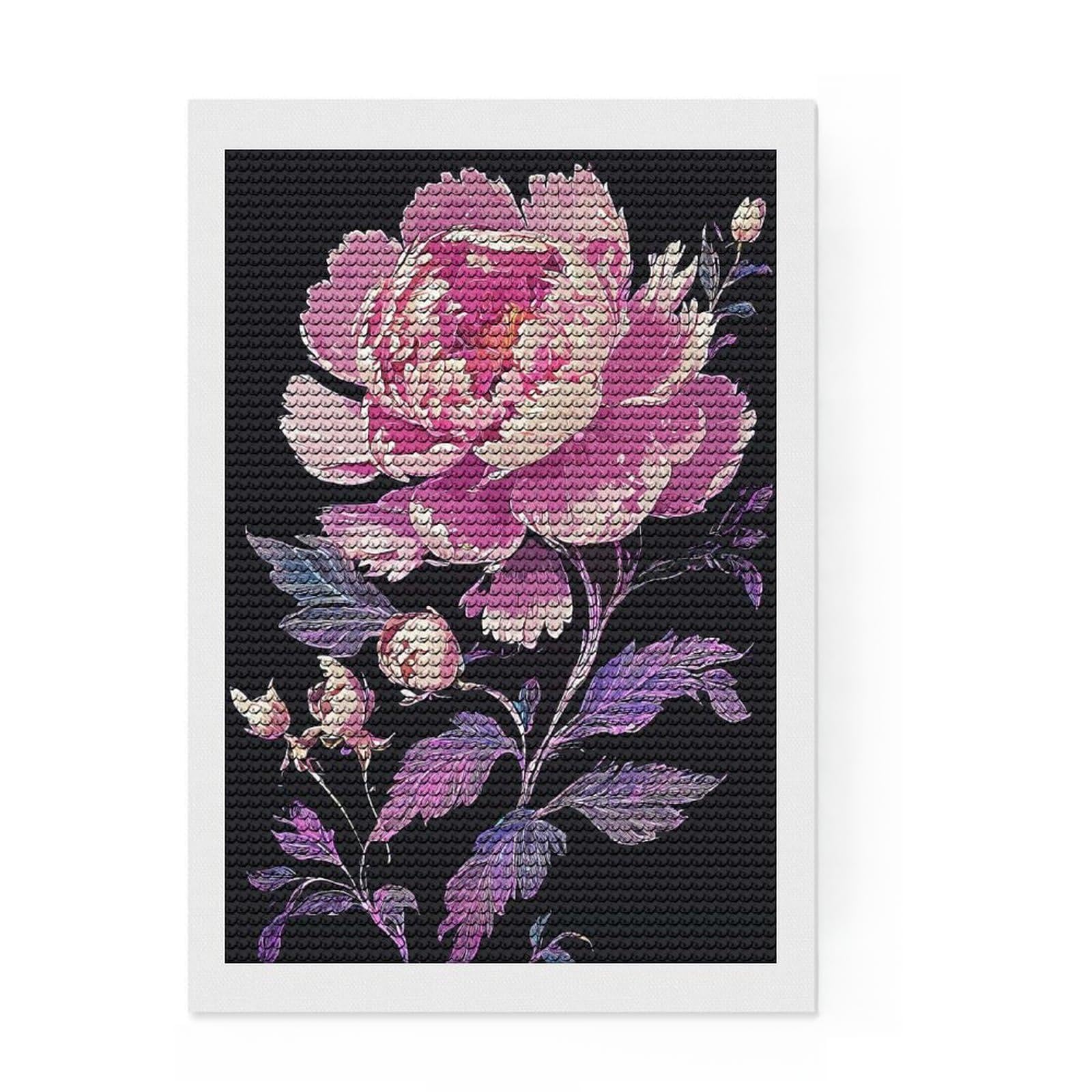 Junmoney Pink Peony DIY Diamond Art Canvas Kit 8"x12", for Adults, Boho Decor, Full Kit Included, Artistic Hobby, Arts and Crafts