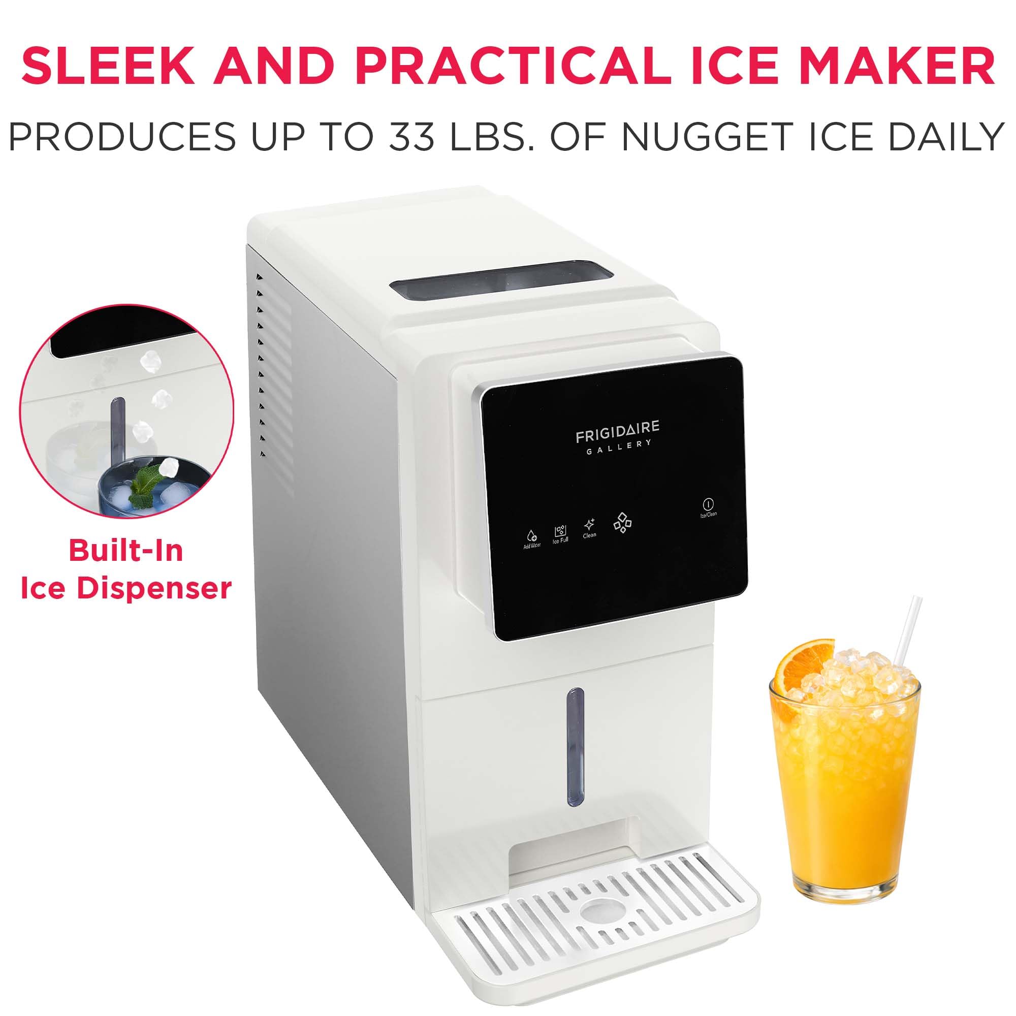 FRIGIDAIRE Countertop Crunchy Chewable Touchscreen Nugget Ice Maker, 33lbs per Day, Auto Self Cleaning, White on Fridge.com
