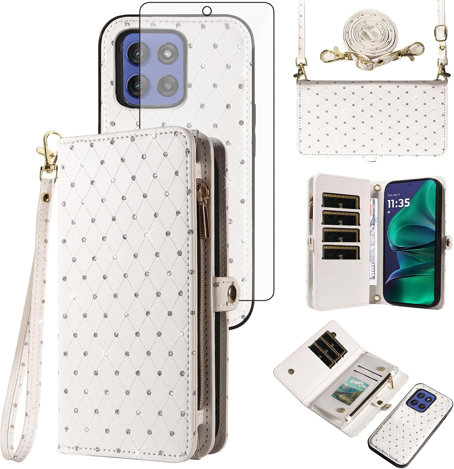 Asuwish Phone Case for Motorola Moto G Stylus 5G 2025 Zipper Detachable Wallet Cell Cover with Screen Protector Bling Crossbody Lanyard Strap Glitter Flip Card Holder Slot G5 Women Men Girls White