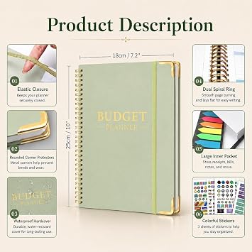 Budget Planner - Monthly Budget Book with Expense Tracker Notebook, 7.2 x 10, Undated Financial Planner&Bill Organizer to Manage Your Money Effectively, For Families, Business, Green