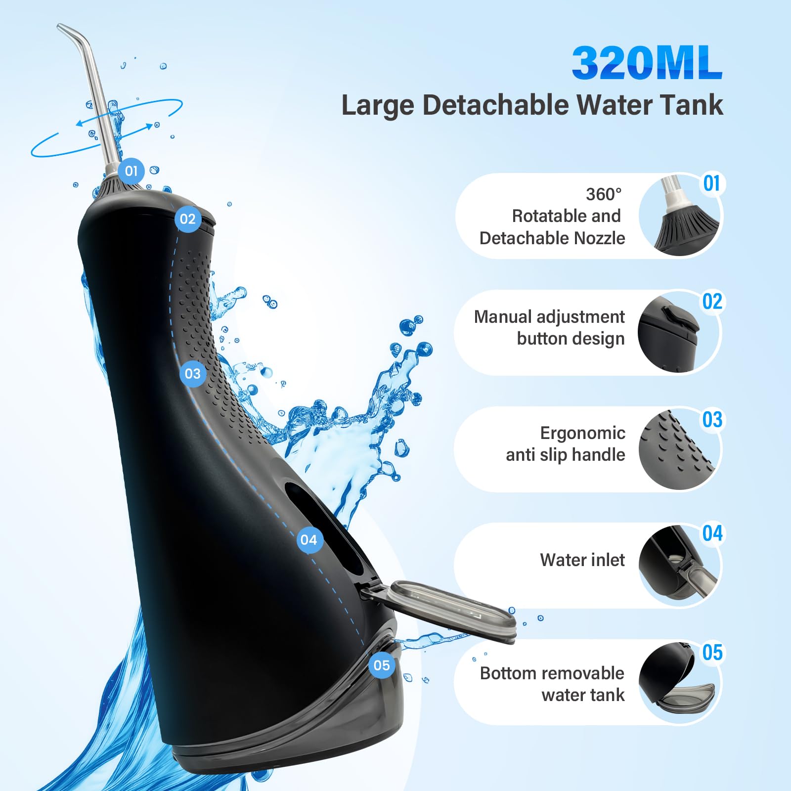 Púas de hilo dental de agua para limpieza de dientes inalámbrica, 60-160 PSI de alta presión, portátil, eléctrico, limpiador de dientes, cable USB C de 320 ml, irrigador oral recargable para viajes en