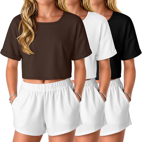 LessonZoo 3 Pack Girls' Crop Tops Kids Oversized Short Sleeve T-Shirts Loose Squ