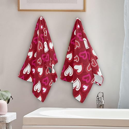 Miniatura 4 de ALAZA Juego de 2 toallas de baño de mano para el día de San Valentín con corazones rojos, toallas de baño de algodón suaves y absorbentes, toallas