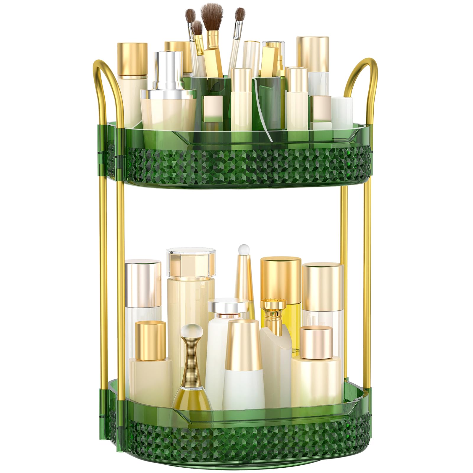 BOCONY 360° Rotating Makeup Organizer 2 Tier, Large Skincare Clear Make Up Storage Spinning Perfume Organizers for Bathroom Counter Dresser, Green