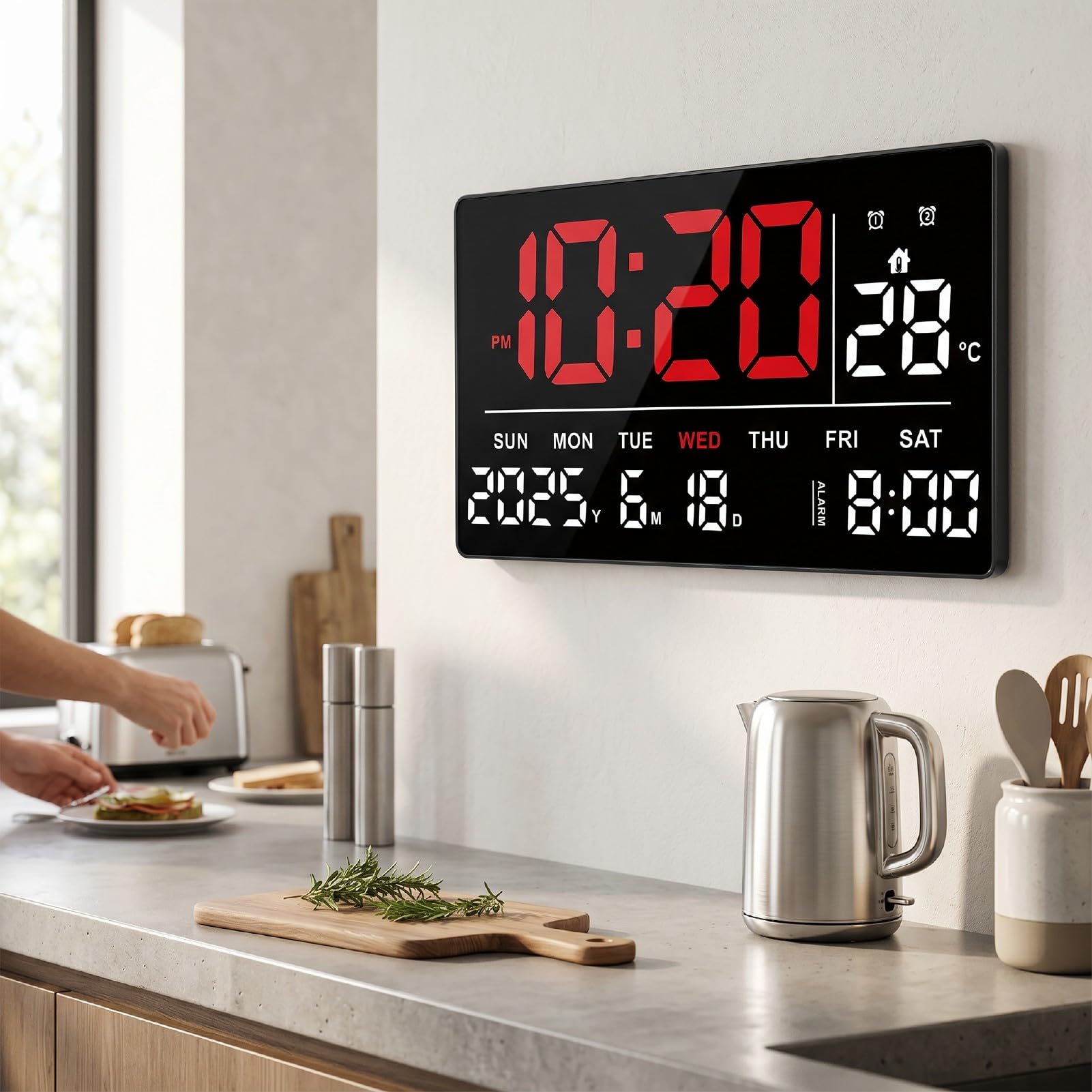 Brrnoo Orologio da Parete Digitale LED, Sveglia con Display Rosso Bianco Ora Data Temperatura Calendario Luminosità Regolabile for Casa Ufficio Scrivania
