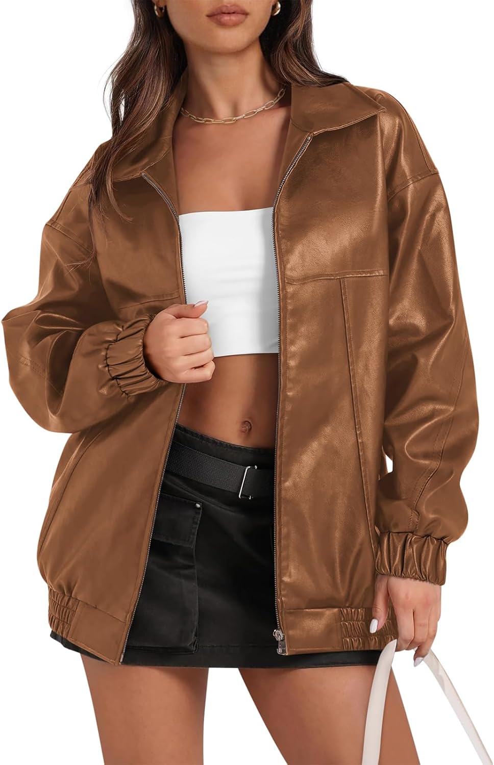 Yousify Womens Leather Jacket Oversized Faux Casual Zip Up Bomber Motorcycle Jackect Trendy Fall Winter Clothes S-XXL