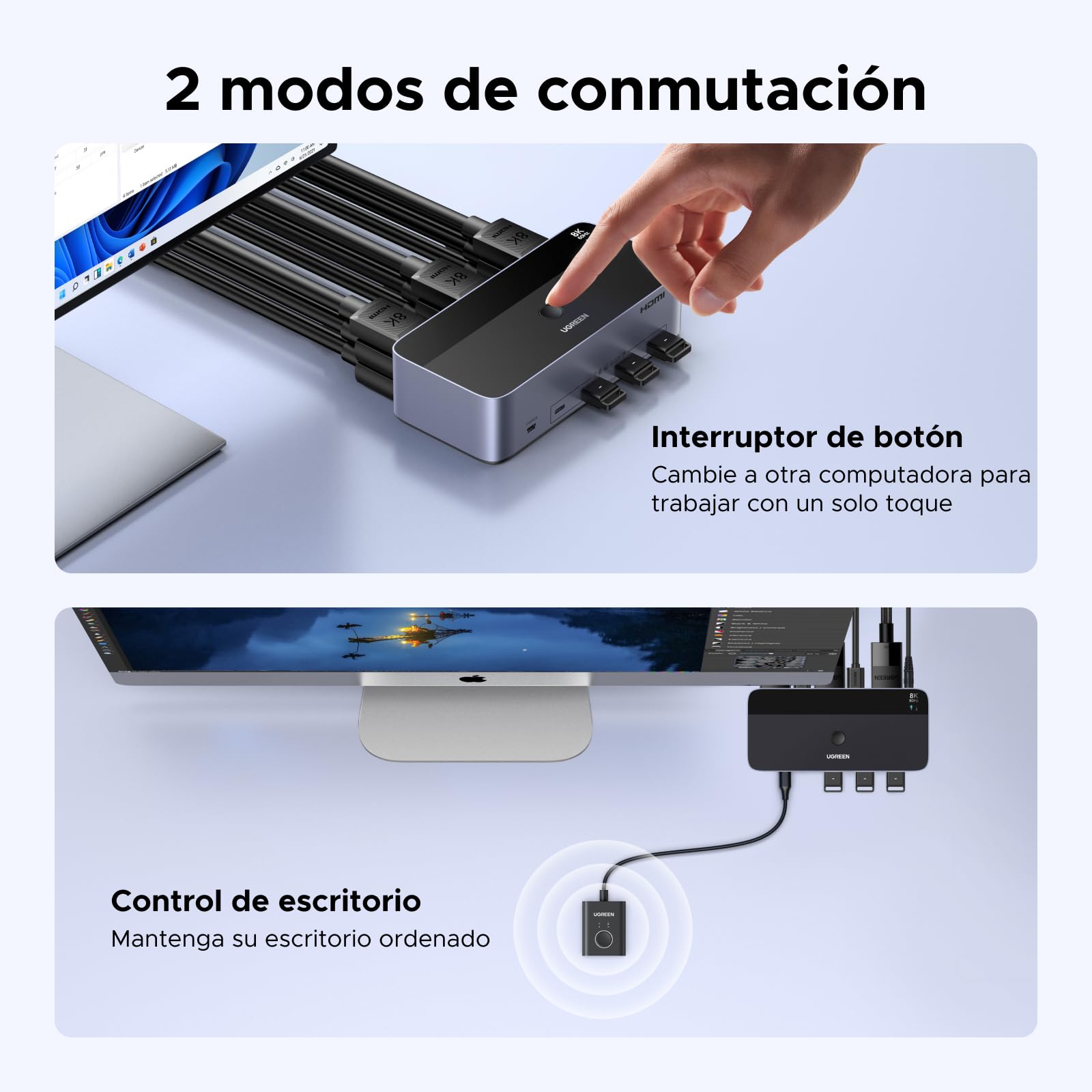 UGREEN Switch KVM HDMI+DP 2.0 2 Entradas 3 Salidas 8K 60 Hz Conmutador KVM para 2 pc con 4 puertos USB 3.0 5Gbps para Teclado Ratón Disco Duro compatible con Windows Linux macOS