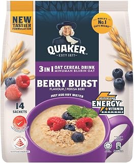 Quaker 3-in-1 Oat Cereal Drink Berry Burst Flavour, 15 Sachets x 30g