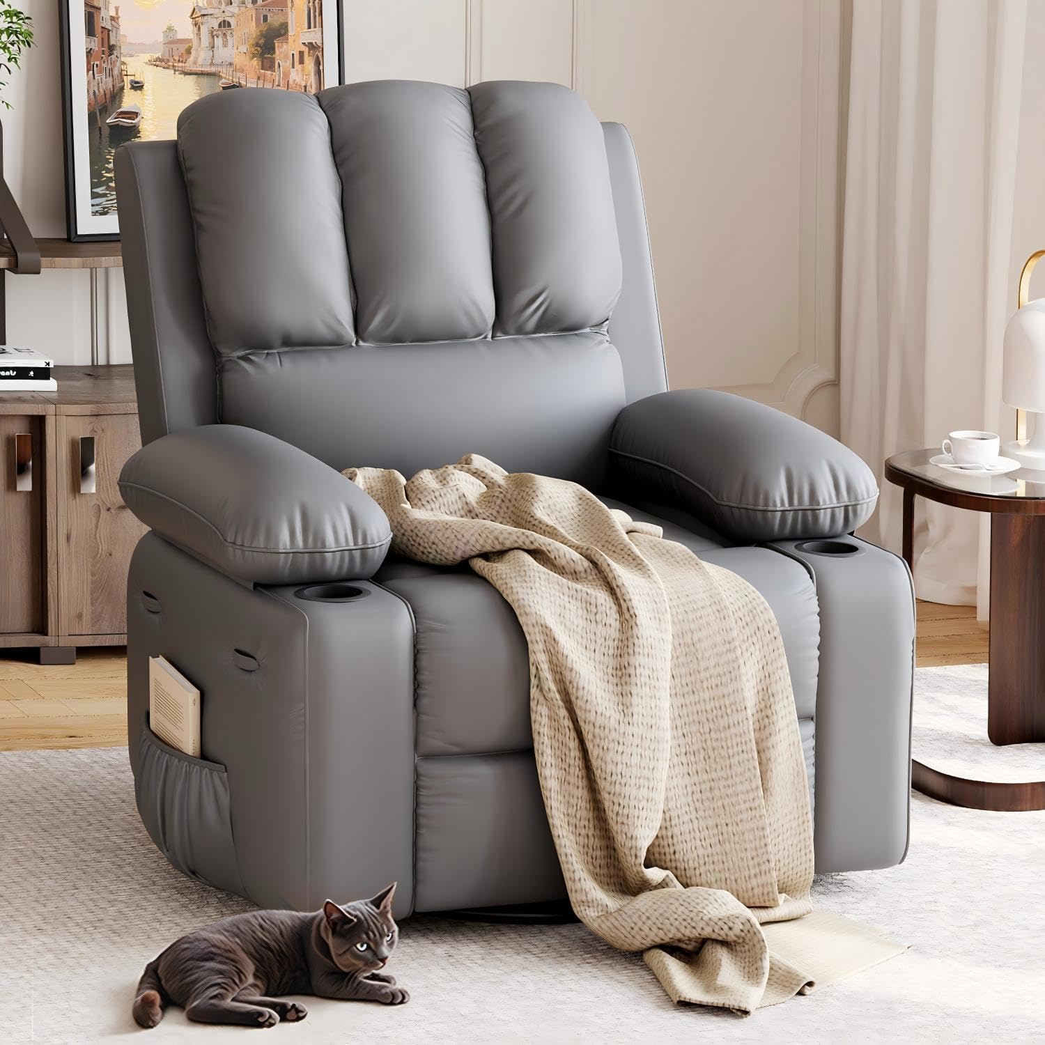 22 in Leather Recliner Chair for Adults, Overstuffed Manual Recliner Single Sofa with Cup Holder & Side Pockets, 400 LBS Capacity, Upholstered Chair for Living Rooms, Gray