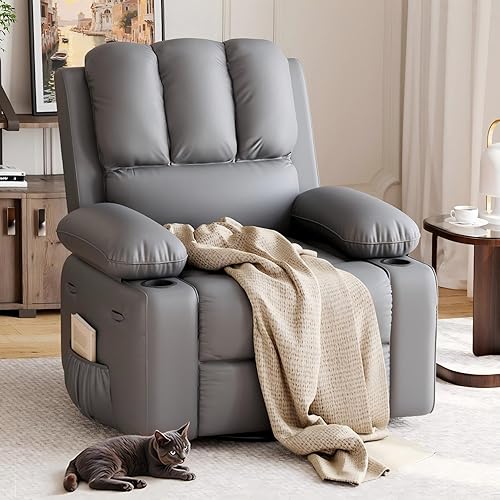 GarveeHome Recliner Chair, 360° Swivel Rocker Recliners with Heat & Massage, Soft Lazy Boy Recliner Chair with 2 Cup Holders and Side Pocket for Living Room Bedrooms and Nurseries -Grey