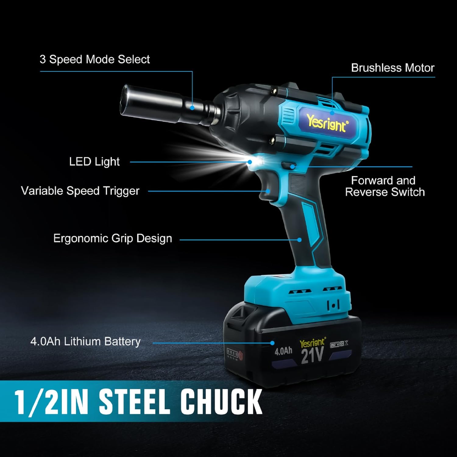 1000N.m Cordless Impact Wrench 1/2", 4800RPM High Torque Gun With 2x 4.0Ah Battery, Brushless Electric Wrench With LED Work Light for Truck Car Home Mower
