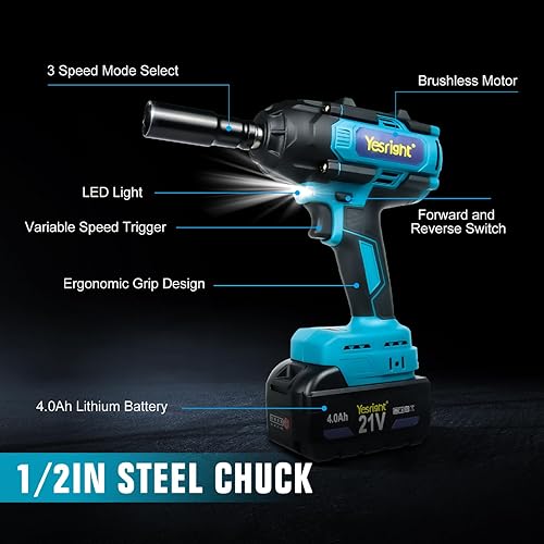 Miniatura 8 de Llave de impacto inalámbrica 1000N.m de 1/2 pulgada, pistola de alto par de 4800 RPM con 2 baterías de 4.0 Ah, llave eléctrica sin escobillas con