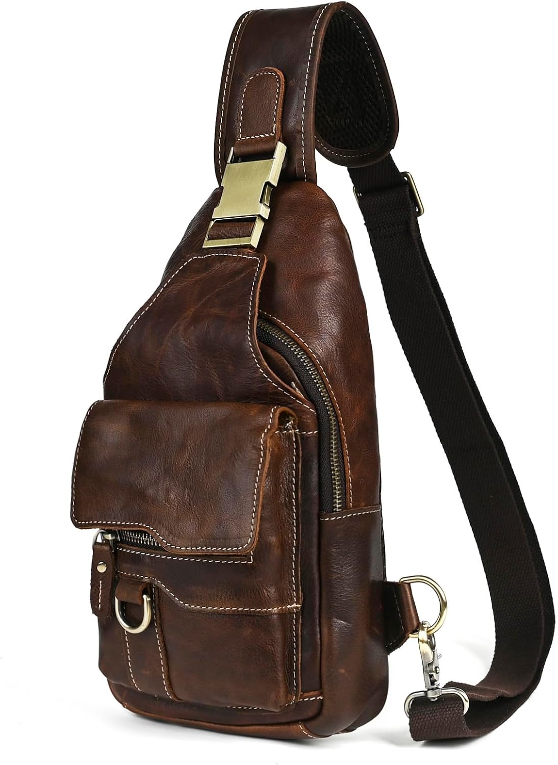 Handadsume Genuine Leather Hiking Travel DayPack Sling Crossbody Triangle Chest Pack Bag For Men Women 8241