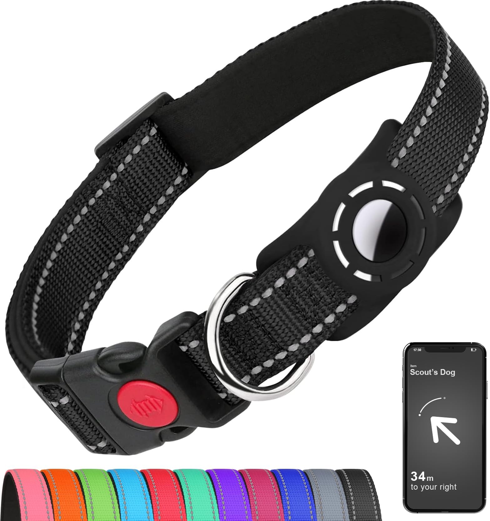 AirTag Dog Collar with AirTag Holder Compatible for Air Tag, Reflective Soft Padded, Safety Locking Buckle, Adjustable Nylon for Small Medium Large Dogs (Black,L)