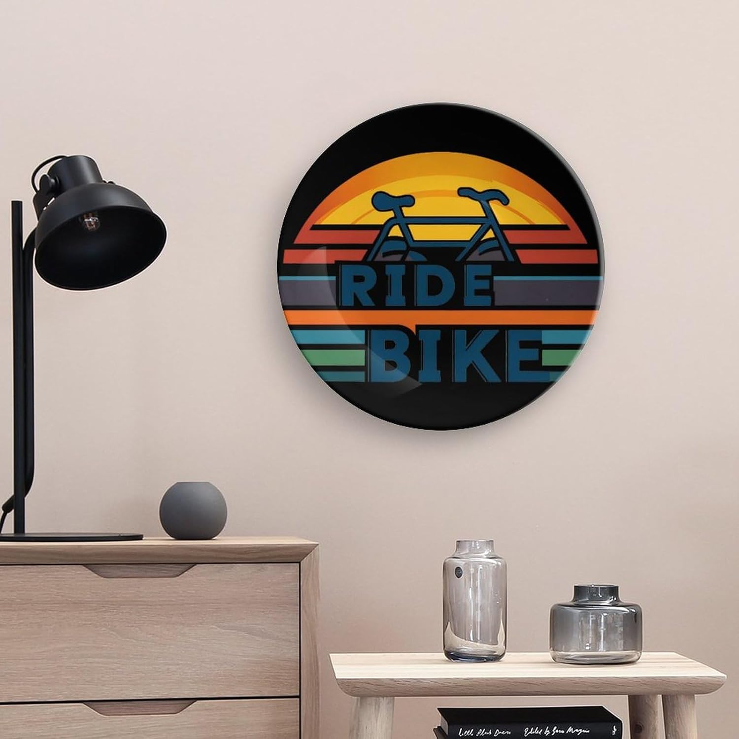 Ride Bike Enjoy Riding Decorative Plates for Display Ceramic Plate Tray with Stand Hanger Home Decor