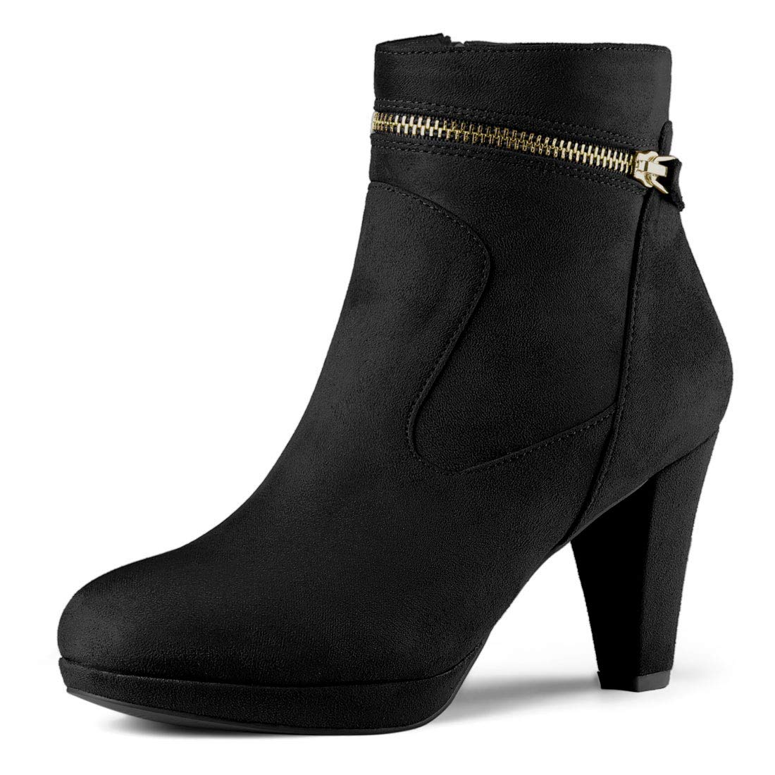 Allegra K Women Faux Suede Round Toe Ankle Mid Heel Block Heel Boots