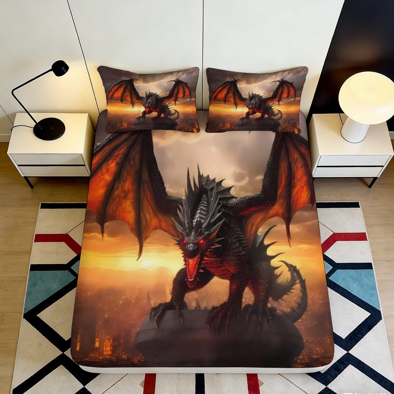 3D Printed Dragon Design Fitted Sheet Microfiber Soft Breathable Fiery Dragon Bed Cover for Bedroom Dormitory Guest Room Mattress Protection 120x200x25cm