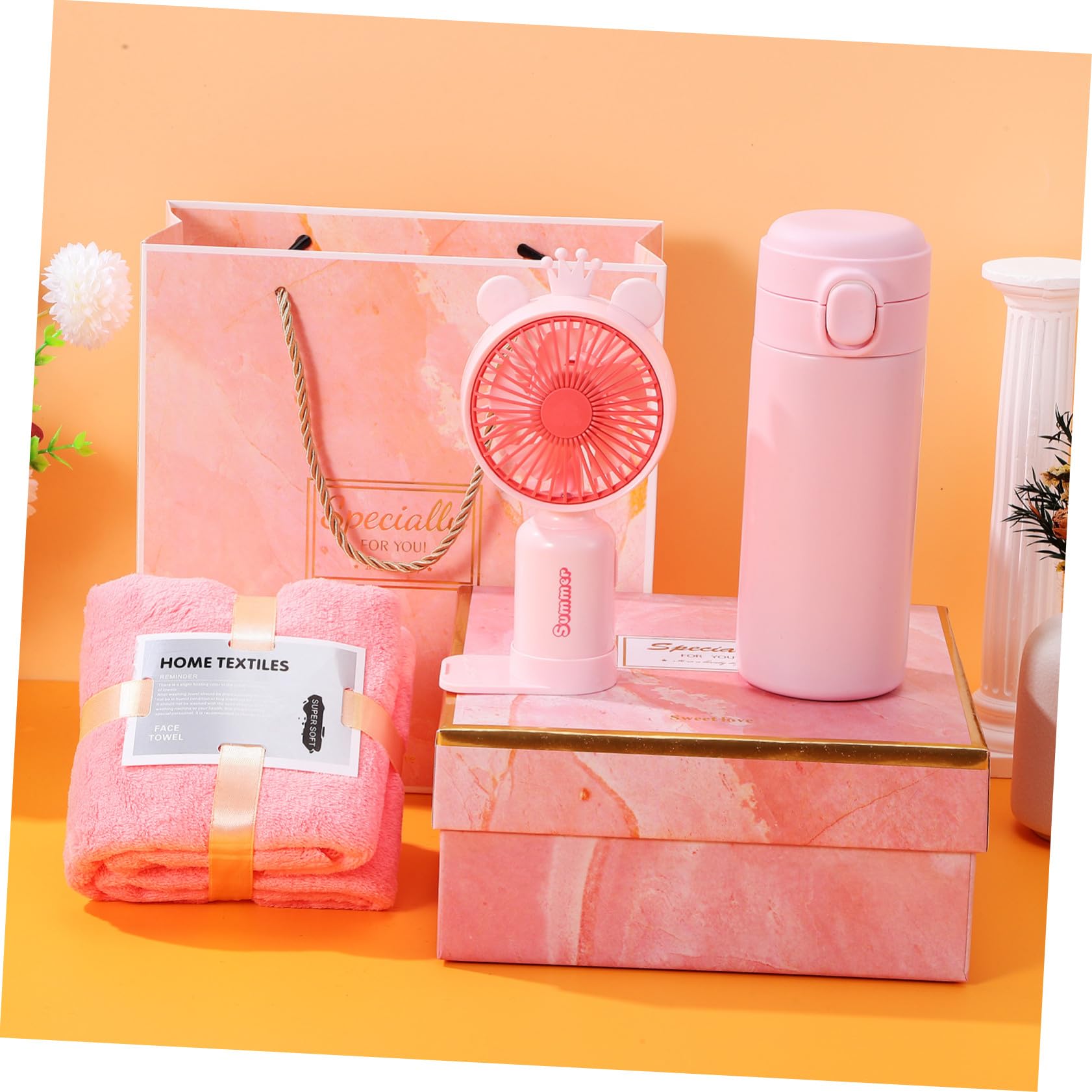 LABRIMP Care Package Kit z Termicznym Kubkiem Ręcznikiem i Wentylatorem Ręcznym Praktyczny Prezent Urodziny i Otwarcie Elegancki Kosz Upominkowy dla Kobiet Podróże i Święta
