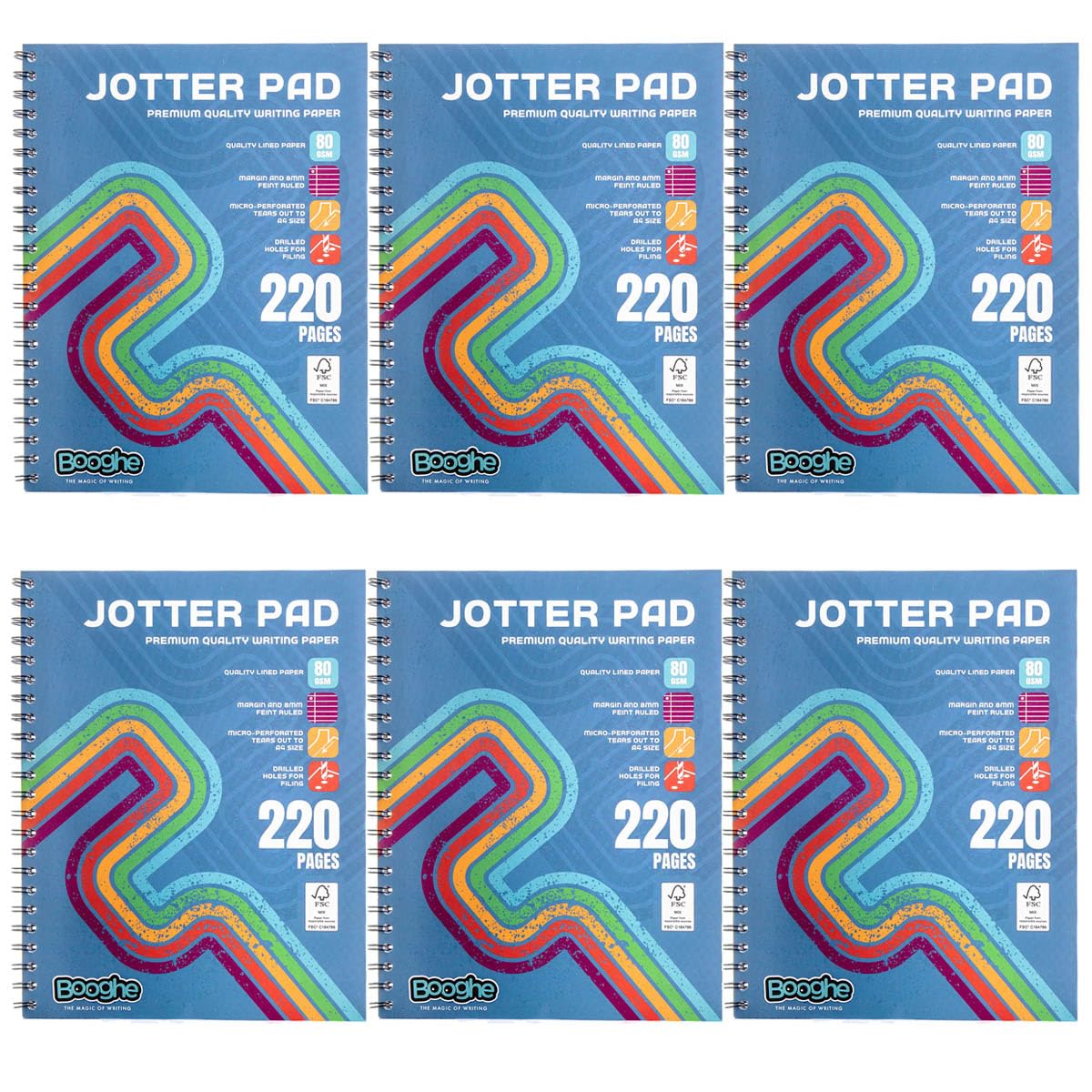 Booghe A4 Lined Jotter Notepad - Cover Wire-Bound Notebook with 220 Pages, Premium Quality Writing Paper 80gsm Lined Paper, Ideal for Home, School, and Office (Pack of 6)