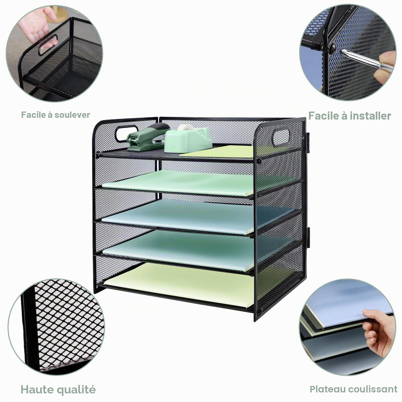 Lot de 2 corbeilles à courrier avec poignée, organiseur de bureau en maille métallique à 5 niveaux, plateaux pour papier A4, porte-revues et porte-documents