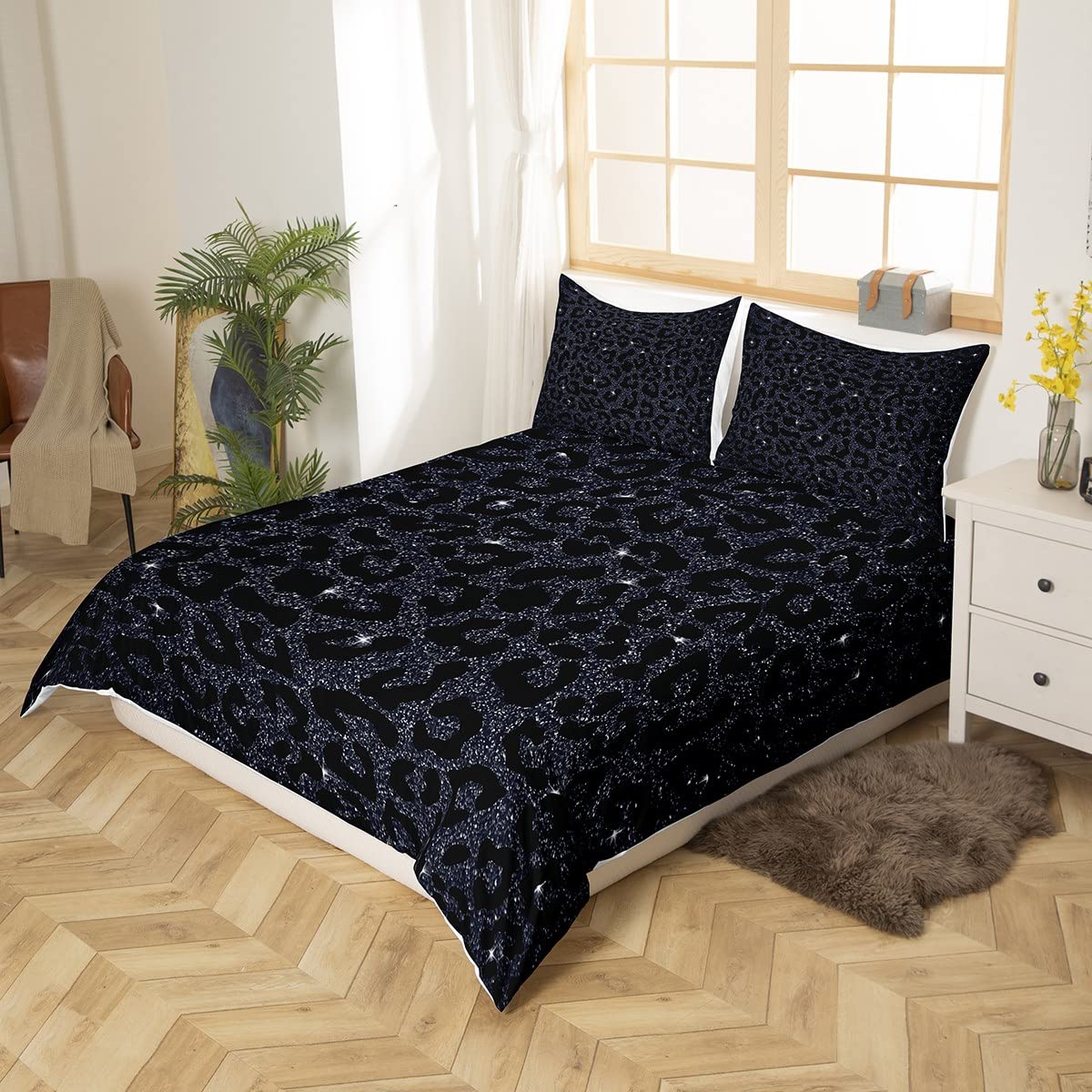 Juego de funda de edredón con estampado de leopardo, juego de ropa de cama con estampado de guepardo con purpurina para niños y niñas, decoración de animales salvajes, juego de funda de edredón geomé