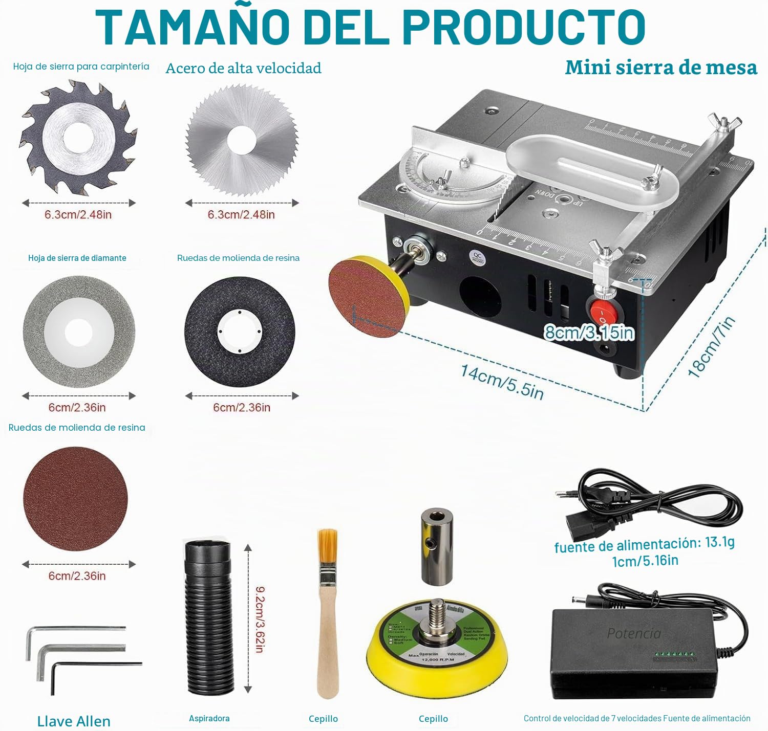 Mini sierra de mesa con disco de pulido y 4 cuchillas intercambiables, 7 velocidades ajustables, hoja de sierra portátil regulable en altura de 0,1-15 mm, con persiana de seguridad