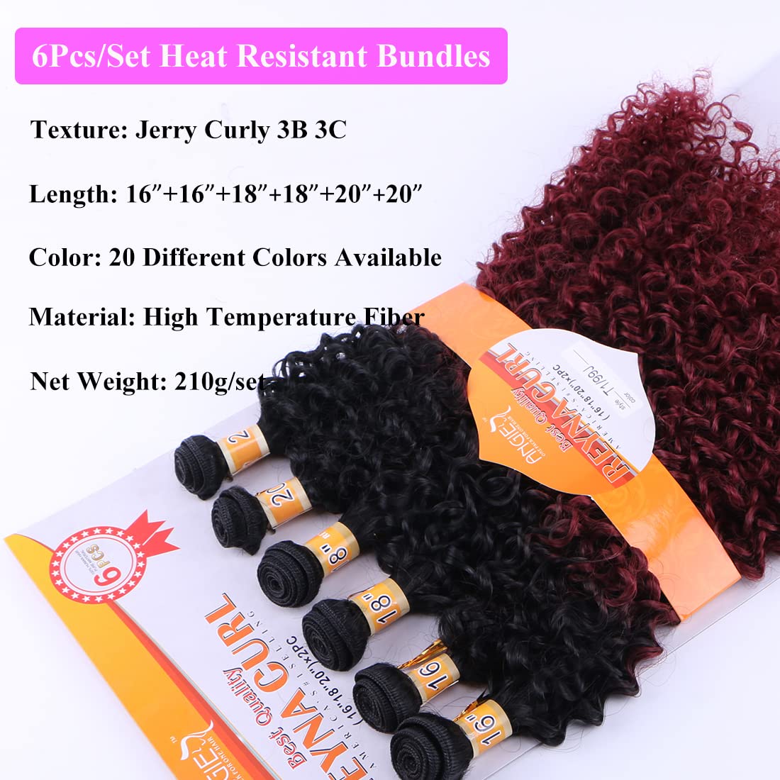Doren 6 Bundles Synthetic Hair Weave Extensions Jerry Curly 210g Ombre 2Tone Color High Temperature Long Curls (16 18 20inches) x2pcs #T1B/99J