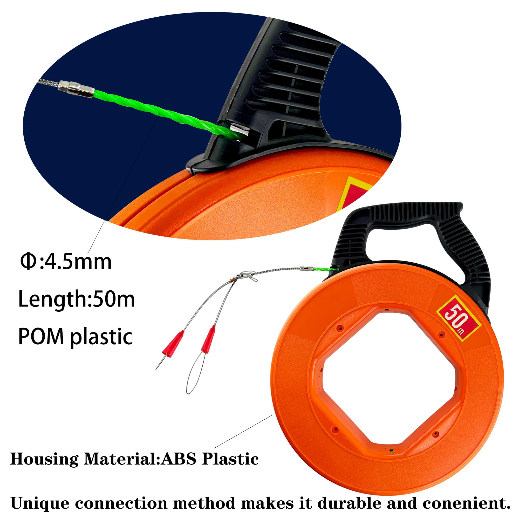 Sonda Passacavi 50m,Sonda Elettricista 50m,Cavo di Trazione in Poliestere Aiuto Alla Ritrazione del Nastro di Pesce Per Il Cavo con 7 tipi di accessori,con Alloggiamento in Plastica (50m-B)