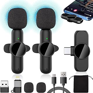 Lavalier Microphone Wireless Microphone for iPhone/Android/Phone/PC/Ipad,Plug-Play 2 Pack Lapel Microphone for Iphone, Clip on phone Microphone for video recording,podcast,YouTube,Facebook,TikTok