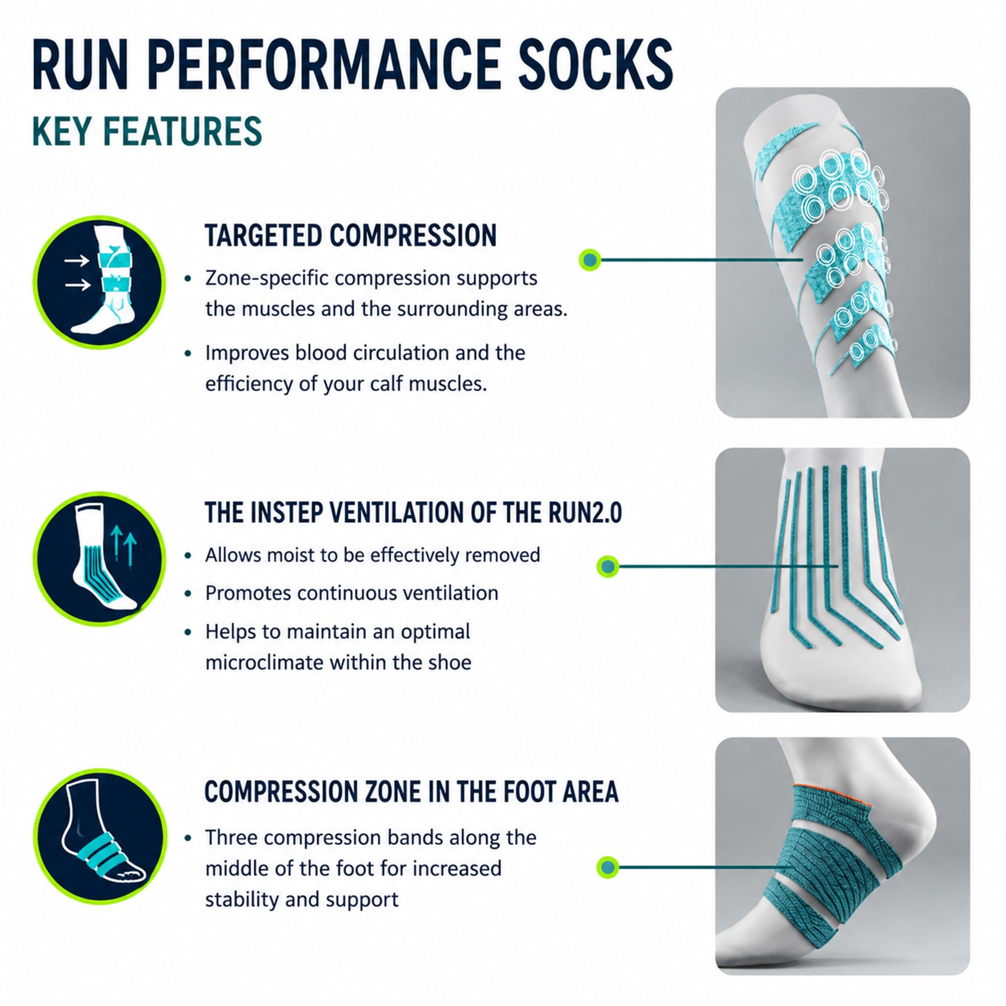 BAUERFEIND Calzini da corsa "Run Performance Compression Socks 2.0", 1 paio di calzini sportivi con compressione e pois 3D, calze da corsa, bianco/S, 39-42
