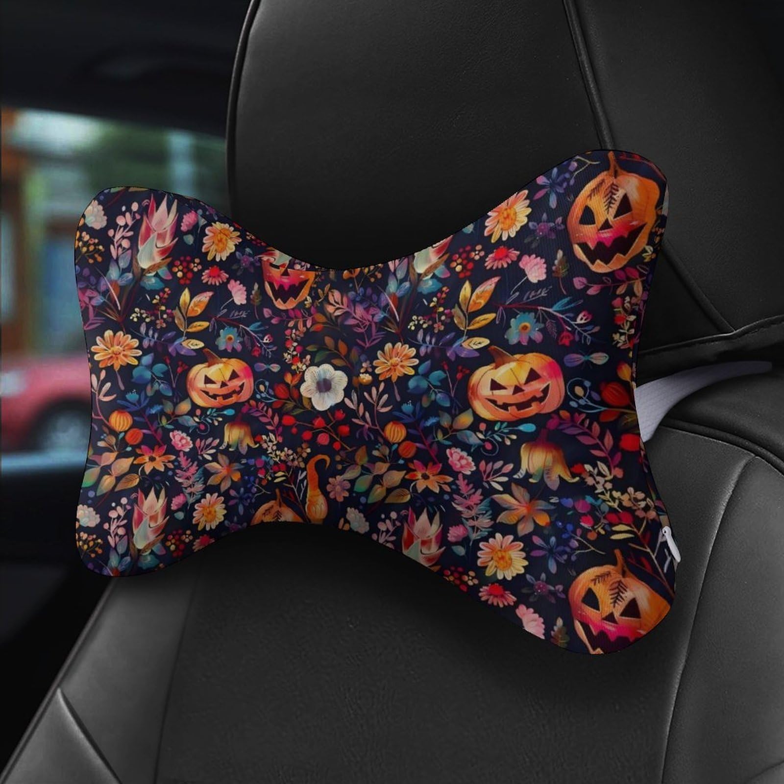 SMAZDFXX Halloween Scary Pumpkin Head Floral Car Neck Pillow Set of 2 Car Seat Head Support Cushion Bone Pillows with Elastic Strap