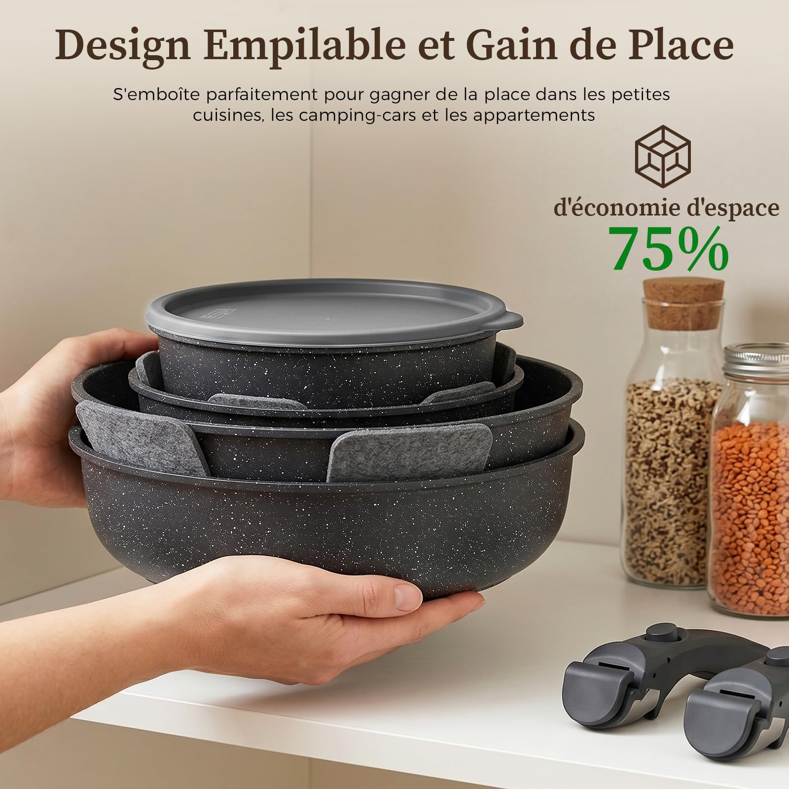 YASHE Batterie de cuisine 15 pièces, non toxique, sans PTFE ni PFAS | Ustensiles de Cuisine avec Poignée Amovible, Poêles et Casseroles Antiadhésives en Granite, Design Empilable Gain de Place