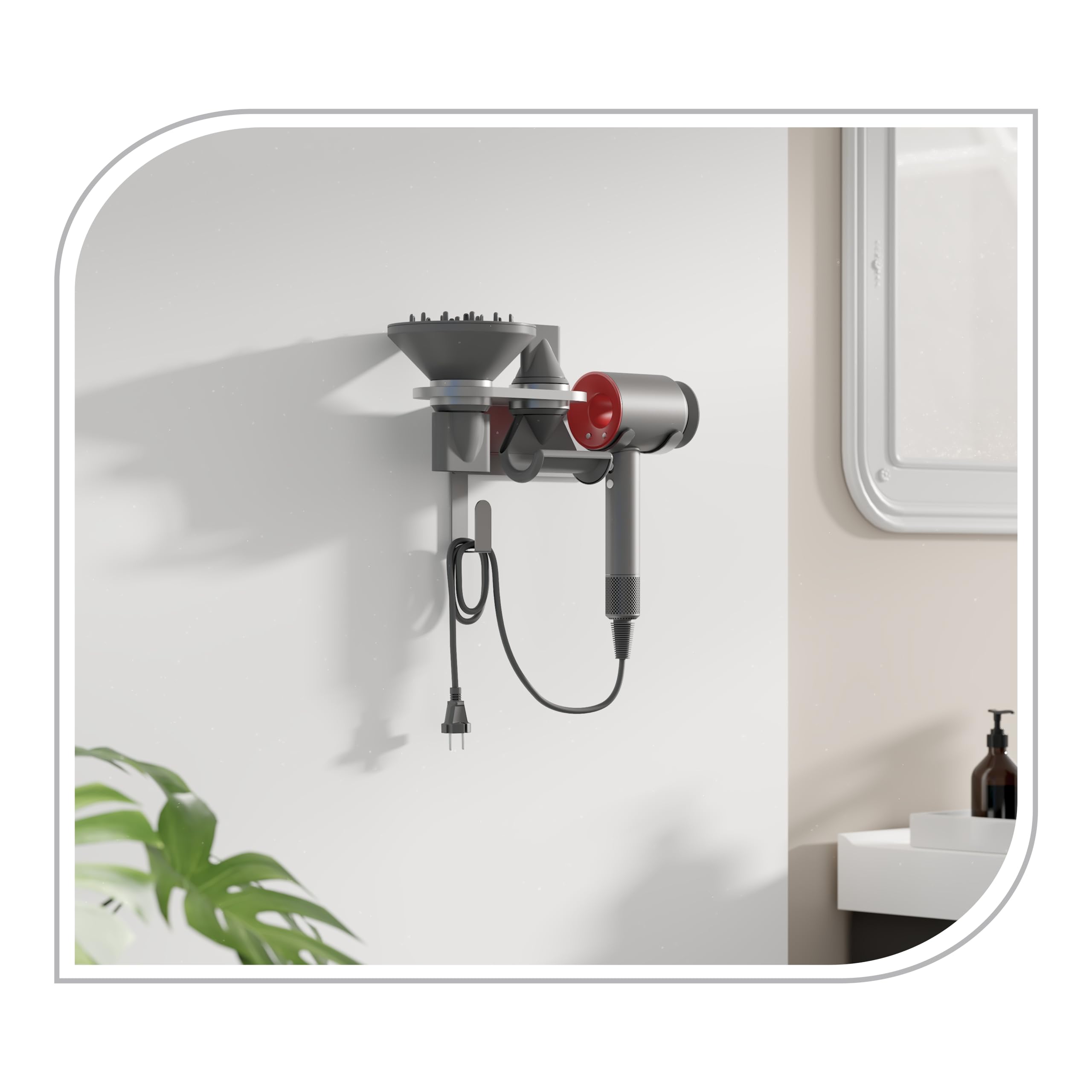 PureMounts® Uchwyt ścienny na suszarkę do włosów Dyson® Supersonic, mocowanie magnetyczne, zarządzanie kablami, nośność do 5 kg, podkładka silikonowa, metaliczny szary
