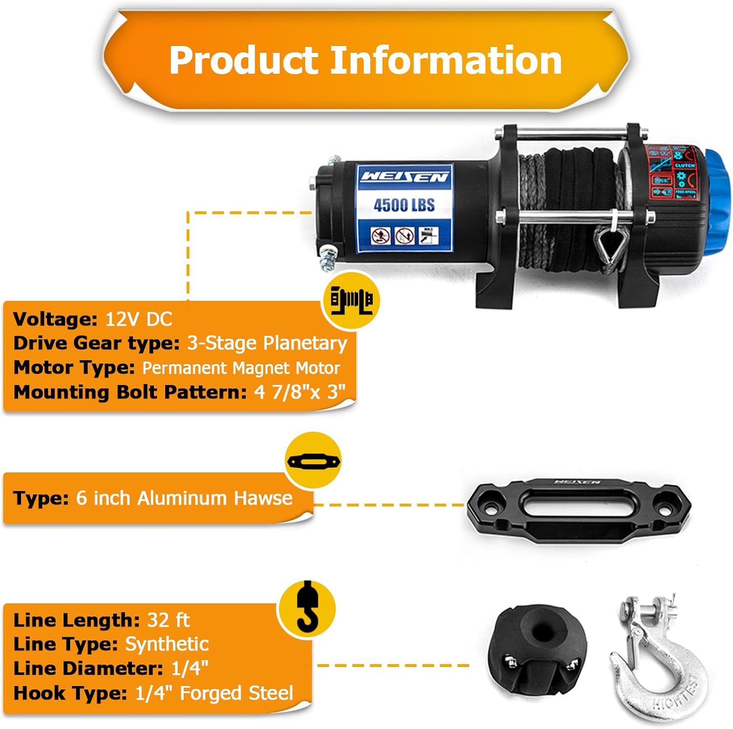 WeiSen 4500lb Electric Winch w/Rocker Switch & Winch Mount Compatible with Polaris Ranger XP 1000/900 Crew/PRO XD 2013-2025, w/ 32ft Synthetic Line Hawse Fairlead Hook & Stopper