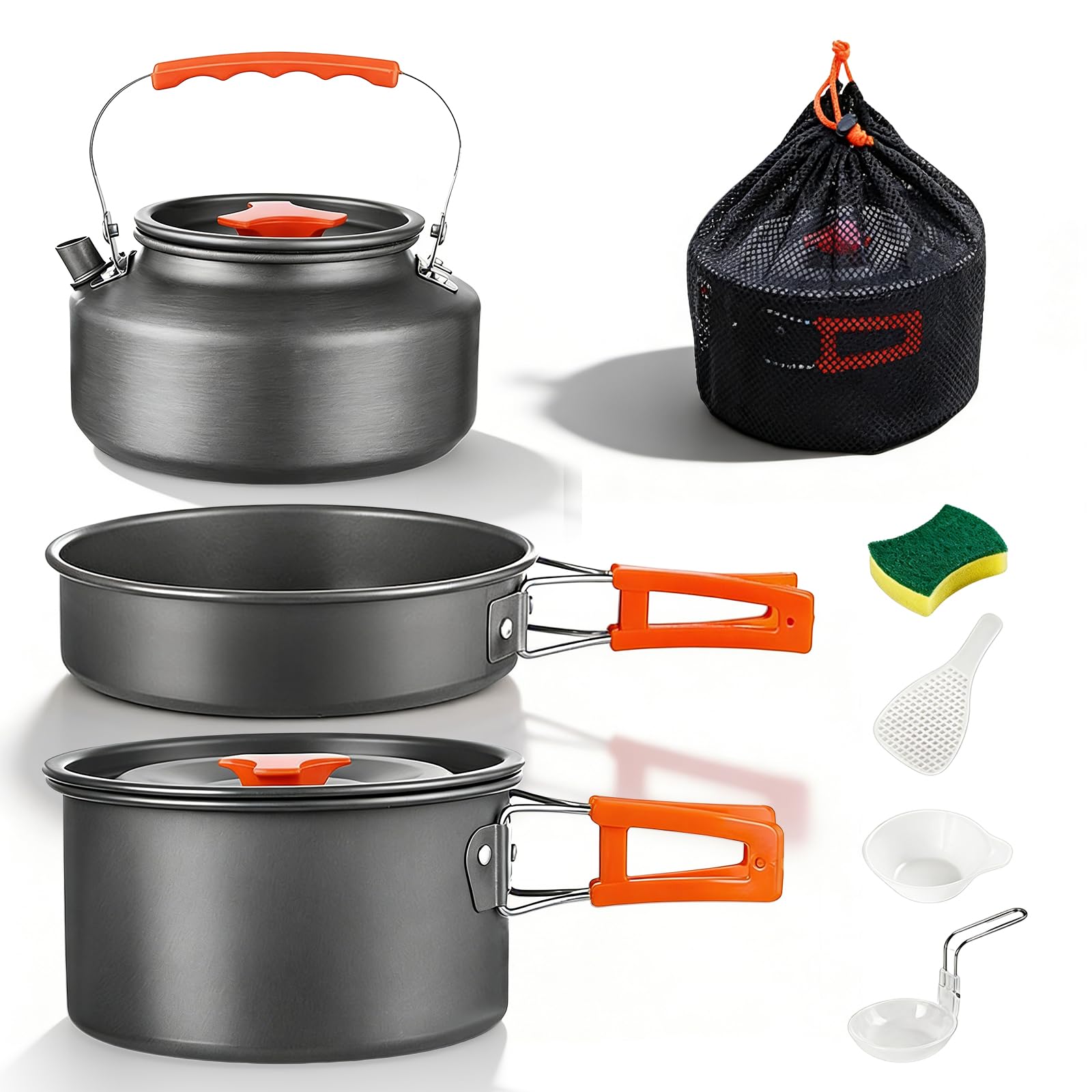 Camping Kochgeschirr Set, 10-teiliges Outdoor Geschirr Set, Kochtopf Set mit Camping Topf, Camping Bratpfanne und Teekannen für 3-5 Personen für Outdoor Kochen Wandern Picknick BBQ