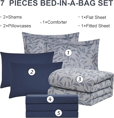 Miniatura 7 de MaiRêve Juego de edredón de jacquard azul de 7 piezas, juego de edredón azul grisáceo arrugado con hojas impresas para todas las estaciones, cama