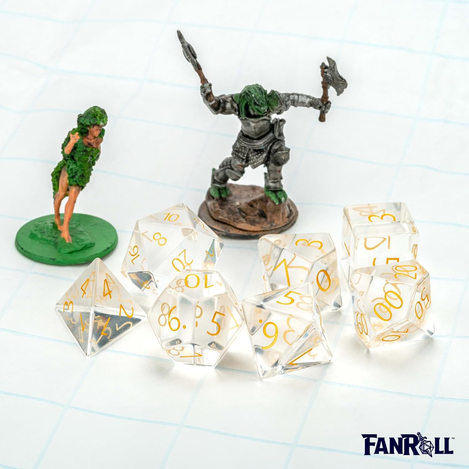 FanRoll 16mm Birthstone Stone Poly DND Dice Set: Engraved April Diamond, Role Playing Game Dice for Dungeons and Dragons
