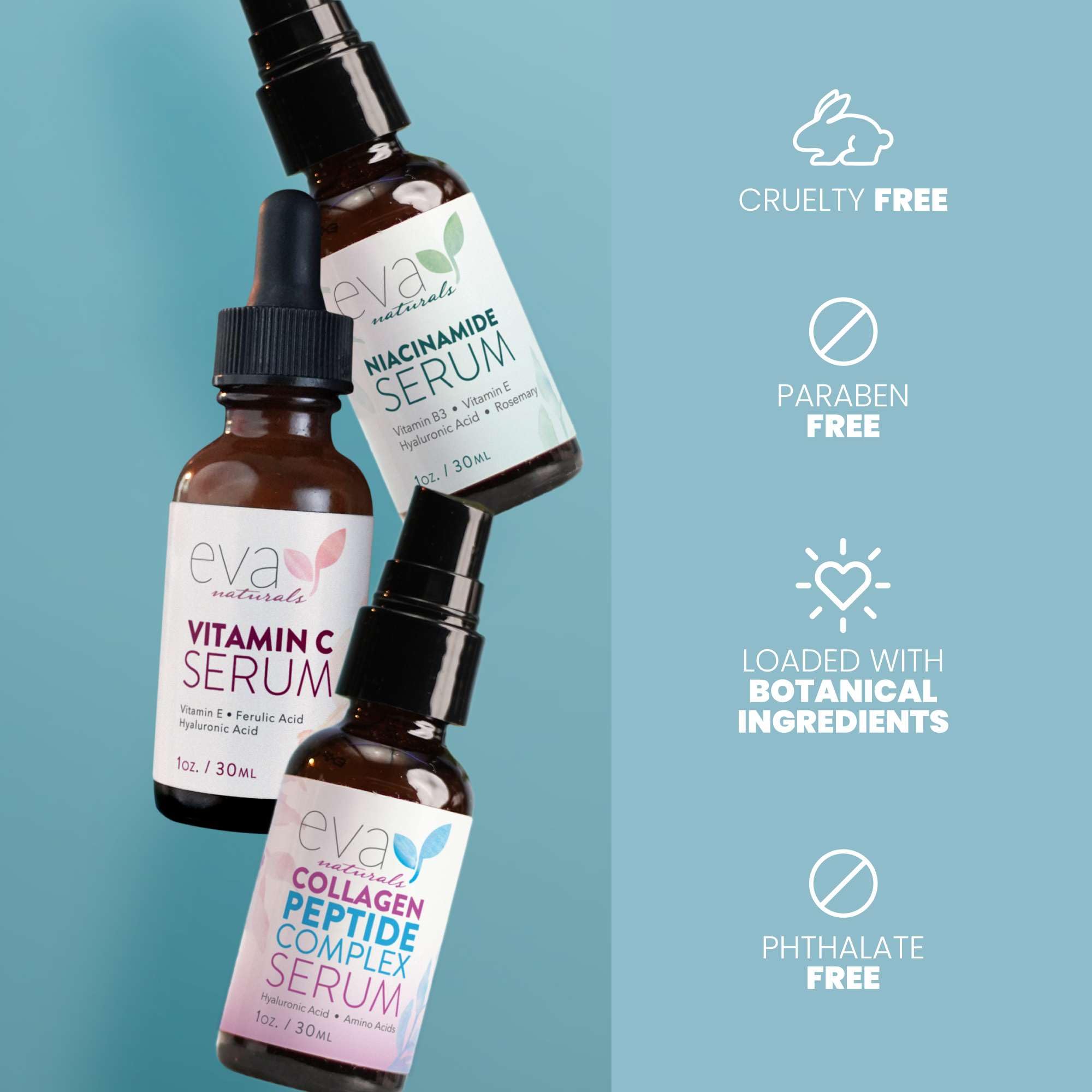 Eva Naturals Natural Firm & Glow Gesichtsserum – 3er-Set mit 20% Vitamin-C-Serum, Peptid-Komplex-Serum, Niacinamid-Vitamin-B3-Serum – Aufhellung des Teints und Faltenglättung