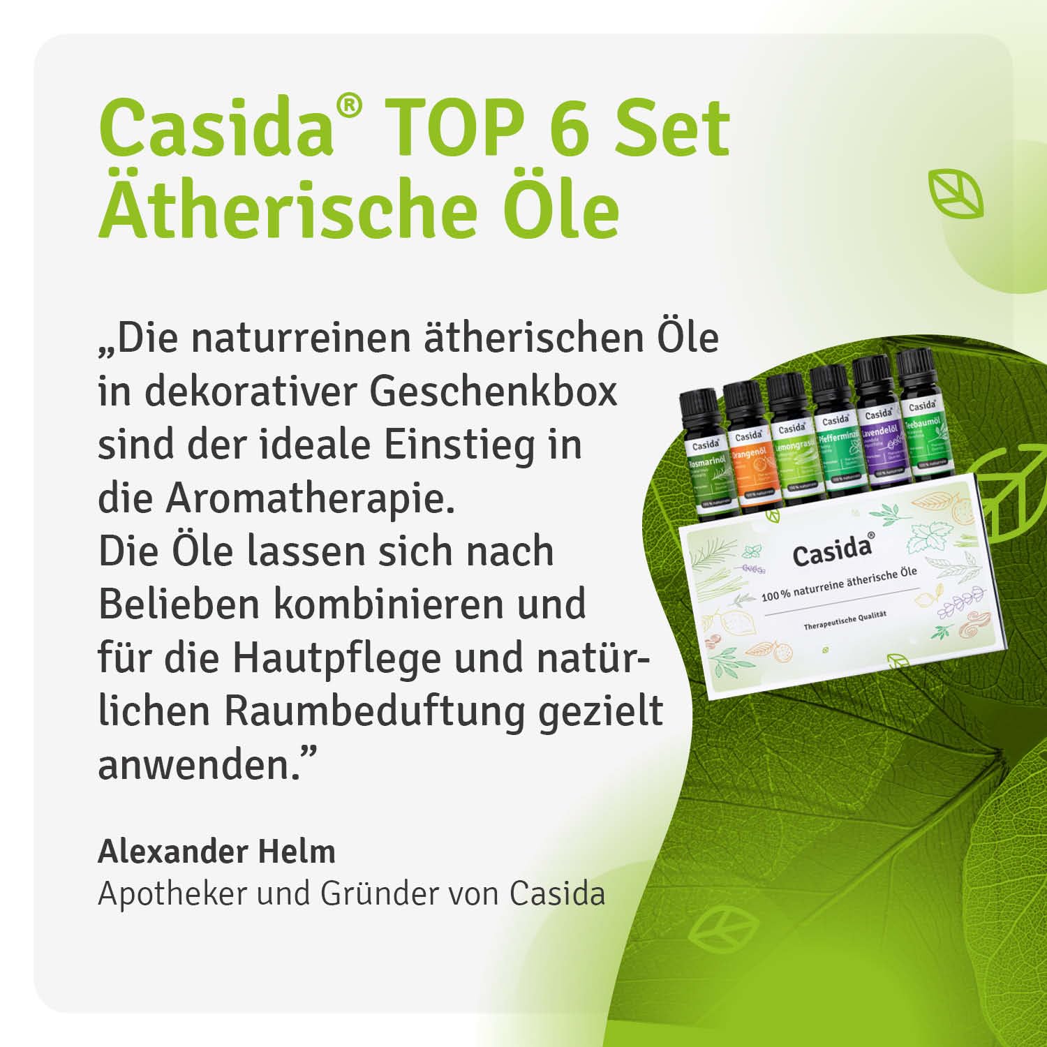 Casida Ätherische Öle Set – 100% naturreine, ätherische Öle - für Aromatherapie Aroma Diffuser, Luftbefeuchter, Hautpflege, Massage - 6x 10ml